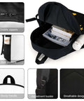 Cool Banana Style Backpack For Men And Women Go To Everyday Travel And Hiking 17 Inch Capacity with open main compartment and features like double zippers and side pockets visible.