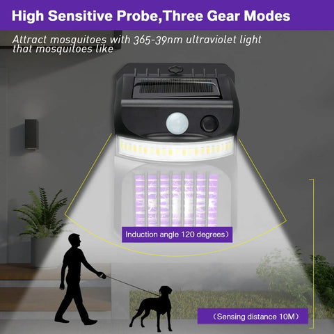 4 Pack Outdoor Bug Zapper 3 In 1 Mosquito Killer Lamp Solar Powered Black LED Light With Motion Sensor showing night operation