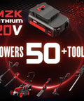 MZK Lithium 20V battery powering 50+ gardening tools, including a cordless 20V tiller cultivator with 8 inch wide steel tines.