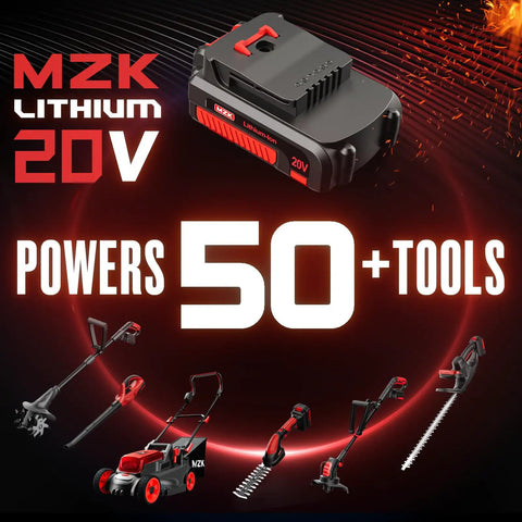 MZK 20V lithium battery displayed with various compatible power tools