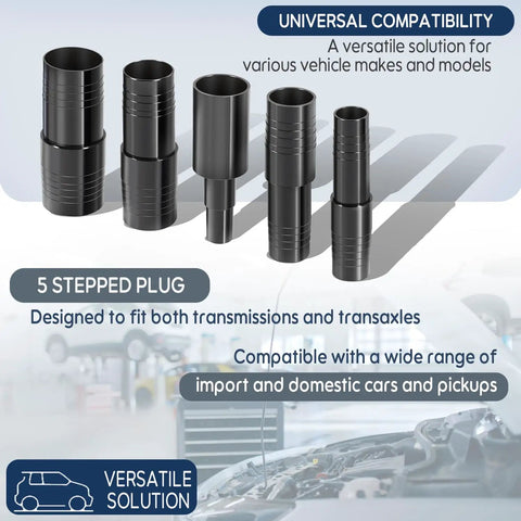 Five Piece Transmission And Transaxle Plug Kit With Adapter For Ford And Most Cars And Pickups Universal Fit Leak Proof Seals Replaces 23400 Premium Plug Set For Fluid Seal And Easy Maintenance. 5 stepped black plastic plugs
