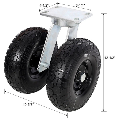 10 Inch Dual Flat Free Swivel Caster Ready To Roll Built Tough For Rough Floors 660 Lb Heavy Load Capacity PU Foam Wheel With Roller Bearing Zinc Plated Industrial Swivel Wheel For Fragile Equipment Transport, dual 10-inch wheel, 12-1/2 in high
