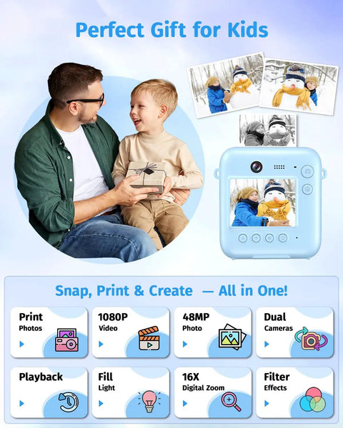 Dual Lens Instant Print Camera For Kids With 1080P Video And Zero Ink Printing Includes 32GB Card Blue Kid Friendly Toy Gift