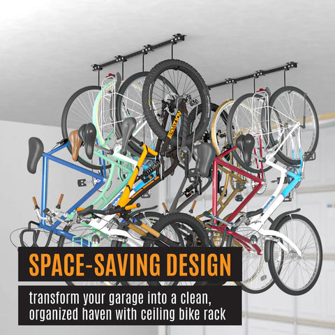 Adjustable Ceiling Mounted Bike Rack for Garage Holds 4 To 8 Bikes in Tight Spaces With 8 Adjustable Hooks Heavy Duty Steel