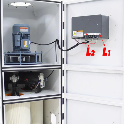 Interior view of Industrial Pulse Dust Collector With PTFE Filter for 0.3 Micron Dust and 99.8 Percent Efficiency, showing motor and controls.