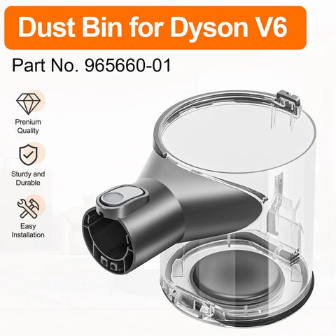Dyson V6 Replacement Dust Bin For Vacuum Cleaner Interface A And B 965660-01 displayed with features icons
