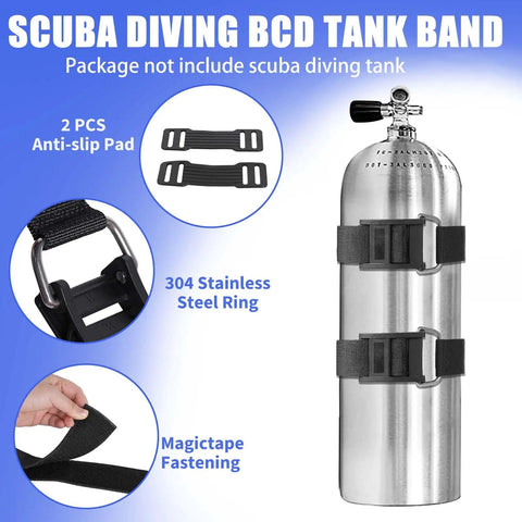 Scuba Diving BCD Tank Strap With Quick Release Cam Buckles And No Slip Pads Adjustable And Rugged Dive Tank Band shown with features