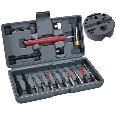 Heavy Duty Pin And Roll Pin Punch Set With Interchangeable Hammer Heads Including Steel Brass Rubber And Nylon Tips Durable Punches Bench Block And Compact Storage Case For Pro Mechanical Repairs in open case showing tools