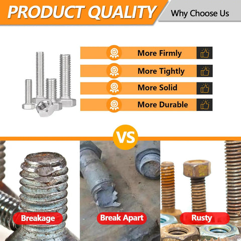 M6 Screws Kit 232 Pieces With Hex Nuts, Flat Washers, And Split Lock Washers, 16mm To 50mm Stainless 304 Fasteners For Automotive, Machinery, And Structural Projects. Stainless bolts and rusty screw comparison.