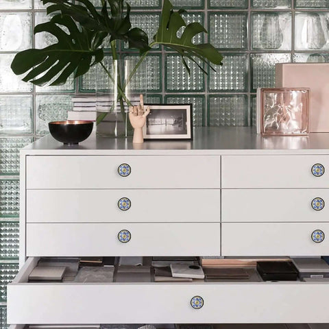 White dresser with Yellow And Blue Mediterranean Tile Drawer Knobs With Crystal Glass And Silver Base, Boho Style Cabinet Pulls