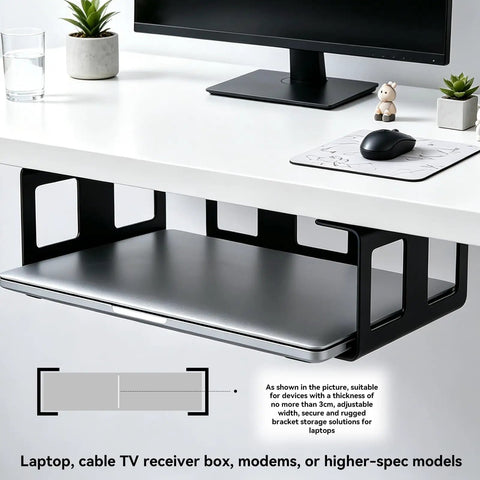 Super Rugged Under Desk Laptop Mount handles devices up to 1.18 inches thick with a black bracket displaying a laptop under a desk.