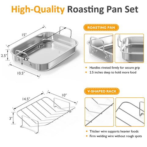 15.6 Inch Nonstick Stainless Steel Roasting Pan With V Shaped Rack, Rectangular Lasagna Bake Pan With Handles, Heavy Duty And Dishwasher Safe