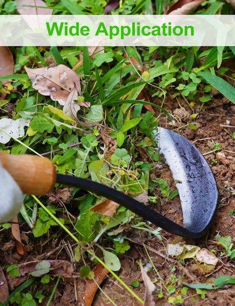Hand Weeder Sickle Hoe For Garden Weeding And Weed Removal 11 Inch Nejiri Kama Blade Tool with wooden handle in use on ground