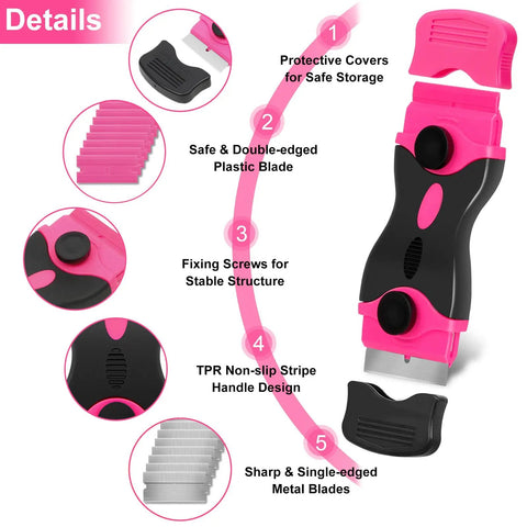 Close-up details of Pink Razor Scraper 2 In 1 Tool Set with handles, blade covers, and blades for removing window labels, decals, stickers.