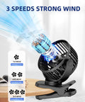 Portable Clip On Fan For Desk And Stroller, USB Rechargeable Mini Table Fan, showing 3 speeds and airflow mechanism