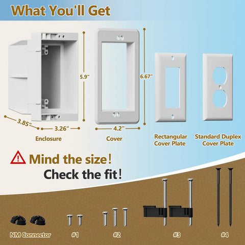 Components of Recessed Wall Outlet Box For TV Mounts And Home Theater 1 Gang Flush Mount Electrical Box with plates and screws