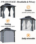 8.5 By 8.5 Ft Outdoor Hardtop Gazebo With Double Roof, featuring curtains, privacy netting, and removable design for patio use.