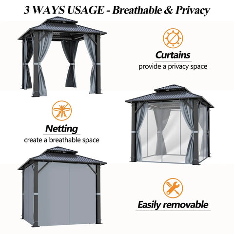 8.5 By 8.5 Ft Outdoor Hardtop Gazebo With Double Roof, featuring curtains, privacy netting, and removable design for patio use.