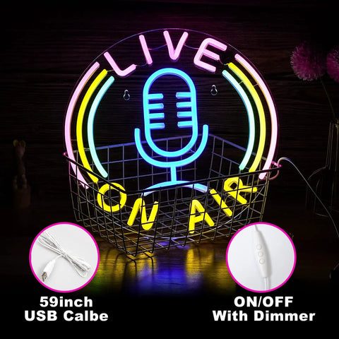 Live On Air Multicolor LED Neon Sign Dope Wall Decor With USB Power Dimmable Brightness in a wire basket on a dark background.