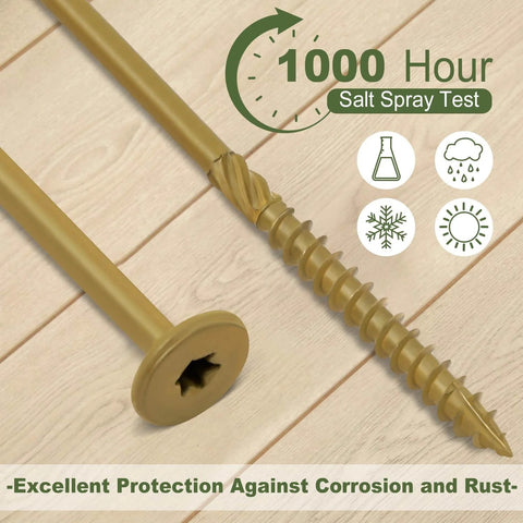 Beefy Outdoor Lag Screws For Decking And Timber Two And Seven Eighth Inch Fifty Pack Bronze Coated Flat Head Rust Resistant Structural Wood Screws With Star Drive And T30 Bit Included For Heavy Duty Construction, showing corrosion resistant properties.
