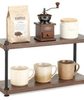 Rustic Wooden Coffee Station Organizer And Two Tier Mug Holder For Countertop Display with mugs, coffee beans, and jars