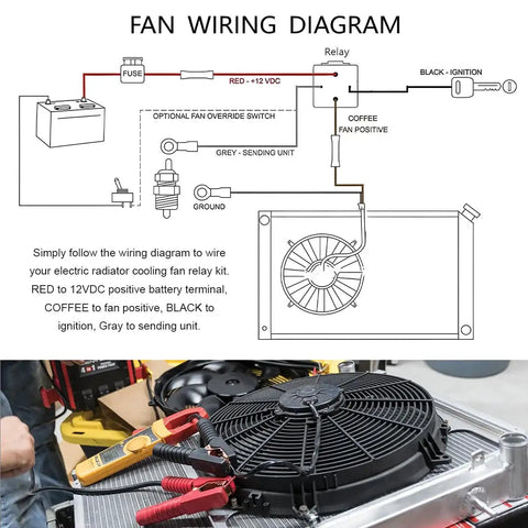 Wiring diagram for Premium 40 Amp 12V Cooling Fan Relay Thermostat Switch Kit for electric radiator setup.
