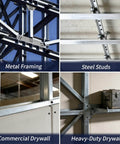 Metal framing and steel studs with commercial and heavy-duty drywall installation details for wood studs and sheetrock.