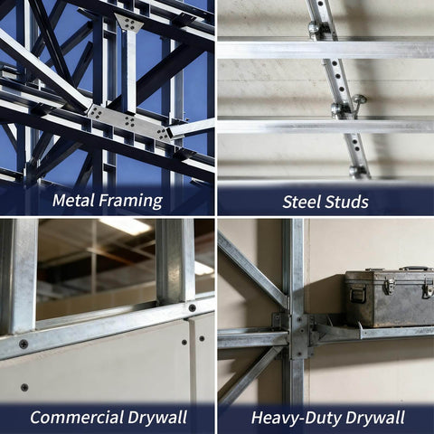 Metal framing and steel studs with commercial and heavy-duty drywall installation details for wood studs and sheetrock.