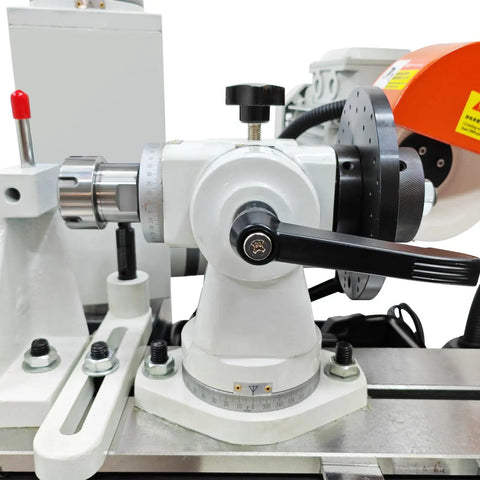 Close-up of precision adjustment wheel on Shop Ready Drill Bit Sharpener And End Mill Grinder With Precision Linear Rail.
