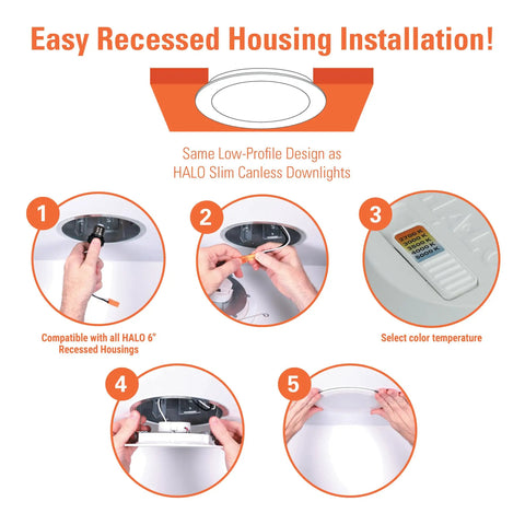 Easy installation guide for Sleek Six Inch Led Recessed Light Slim Trim Retrofit Kit Featuring 5Cct Switching with color selection.