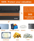 Two Pack Fireproof And Waterproof Money Pouches With Metal Shield Black 10 By 6 Inches Bank Bags detailed with contents such as iPhone, passport, jewelry, and cash.