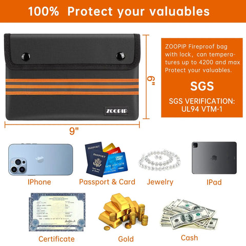 Two Pack Fireproof And Waterproof Money Pouches With Metal Shield Black 10 By 6 Inches Bank Bags detailed with contents such as iPhone, passport, jewelry, and cash.