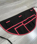 Heavy Duty Workhorse Sewing Organizer Belt With Industrial Stitching And Multipocket Tailoring Girdle on a table with black and pink design.