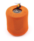 Ultralight Titanium 750ml Camp Pot with Lid in orange mesh cover for solo hikes, bikepacking, and minimalist backpacking adventures.