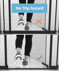 Person walking through adjustable clear acrylic baby gate for stairs 28.8 to 32.3 inches wide, no trip hazard bottom bar visible.