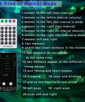 Pure White Meteor Shooting Stars Fiber Optic Lights Kit modes showing RF remote and app controls with feature list.