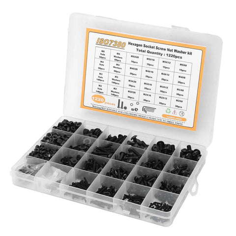 1220 Pcs Screw Nut Washer Kit In Carbon Steel M2 M3 M4 M5 With 8 12 16 20mm Screws Half Round Head Hex Socket Nuts Organizers