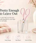Pink Acrylic Scissors 6.3 Inch Craft Shears With Ultra Sharp Stainless Steel Blades in clear stand, surrounded by stationery.