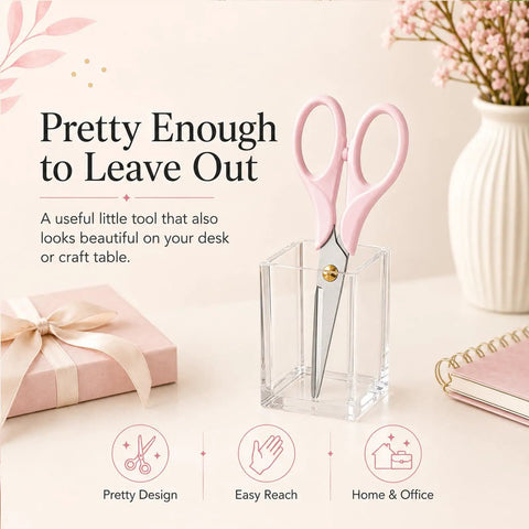 Pink Acrylic Scissors 6.3 Inch Craft Shears With Ultra Sharp Stainless Steel Blades in clear stand, surrounded by stationery.