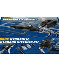 Box of 200HP Hydraulic Outboard Steering Kit With Steering Wheel Helm Pump Hydraulic Cylinder And 26 Ft PU Hoses For Most Single Outboard Powered Boats Like Pontoon Runabout And Deck Boats