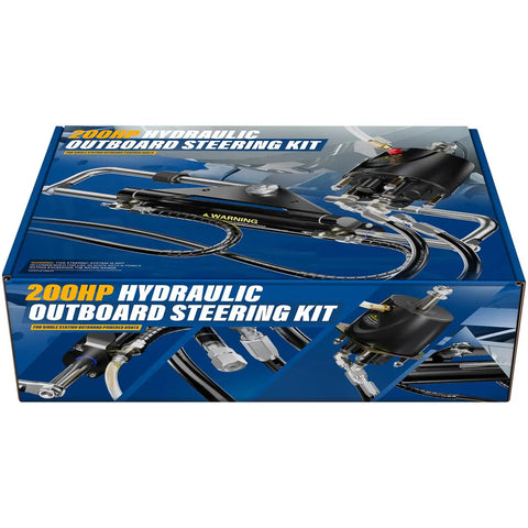 Box of 200HP Hydraulic Outboard Steering Kit With Steering Wheel Helm Pump Hydraulic Cylinder And 26 Ft PU Hoses For Most Single Outboard Powered Boats Like Pontoon Runabout And Deck Boats