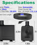 Side and front view of black submersible water pump 150 GPH quiet operation, 4ft lift, plastic material, shown with power cord.