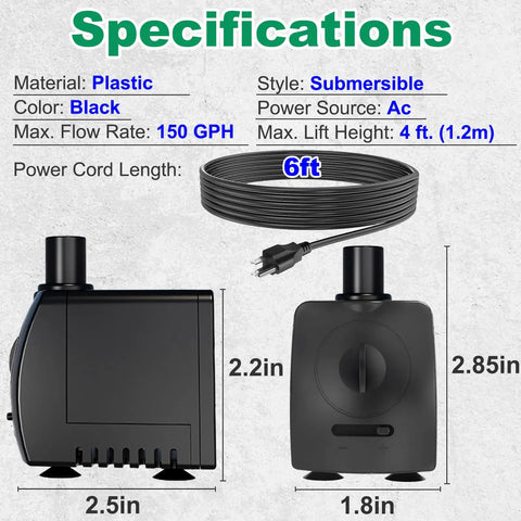 Side and front view of black submersible water pump 150 GPH quiet operation, 4ft lift, plastic material, shown with power cord.
