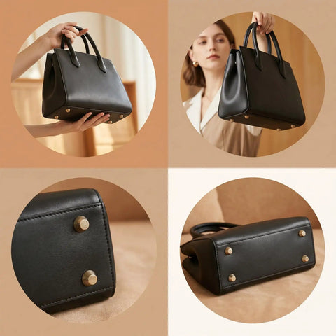 Straight Up Game Changer Bottom Guards Include 24 Assorted Handbag Feet with screws on a black leather handbag.