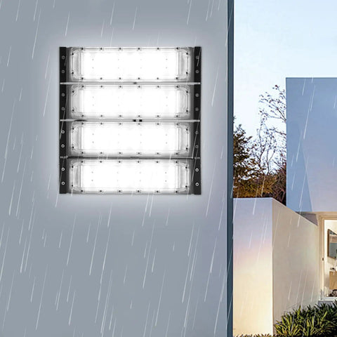 Stadium Flood Light 200W IP67 Water-Resistant 180° Adjustable Bracket mounted on a wall in rain.