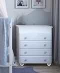 White dresser on beefy nylon ball bearing casters with pre drilled mounts built to last heavy duty load capacity