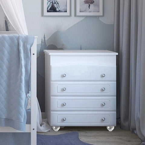 White dresser on beefy nylon ball bearing casters with pre drilled mounts built to last heavy duty load capacity
