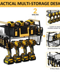 Power Tool Organizer Wall Mount For Garage Storage, Heavy Duty Drill Holder and Tool Rack with slots and racks for tools.