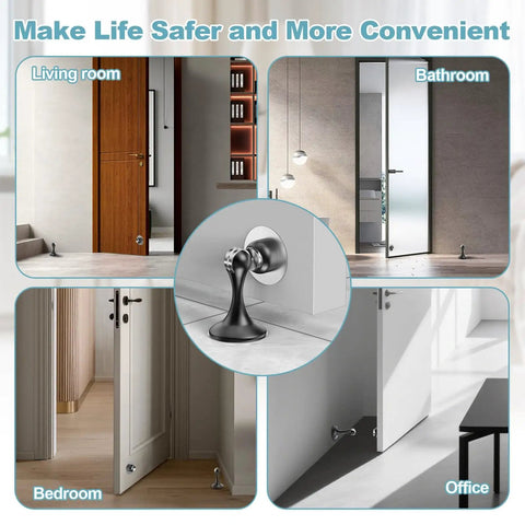 Two Pack Magnetic Door Stoppers For Wall And Floor Mounting No Drill Door Holder with Strong Magnet installed in various rooms.