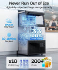 Heavy Duty Commercial Ice Maker Cranks Out 100 Lbs Crystal Clear Ice Daily, showcasing 33 lbs storage capacity and daily output.